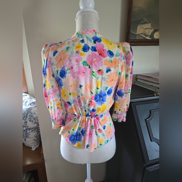 Zara women's sz. XS floral watercolors blouse Puff Shoulder peplum top - Picture 5 of 8